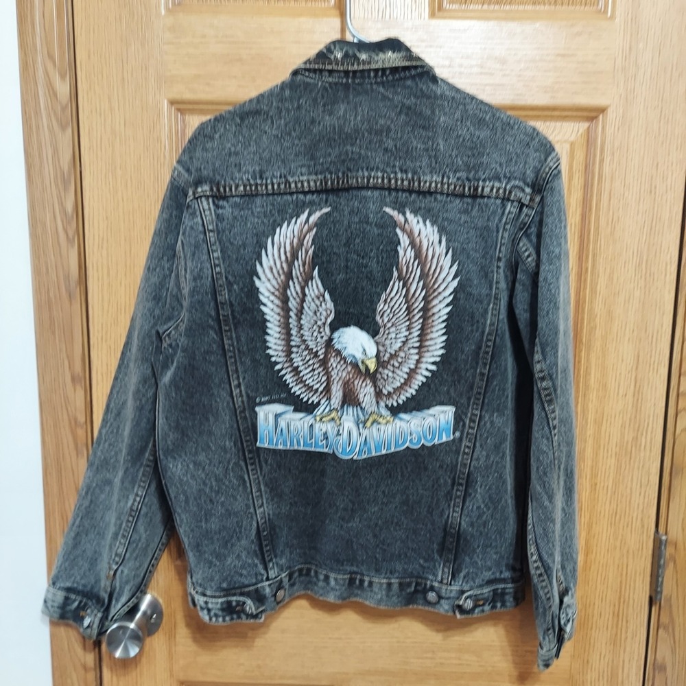Vintage 80s USA Harley Davidson Eagle Black Denim‎ Biker Jacket Mens Medium